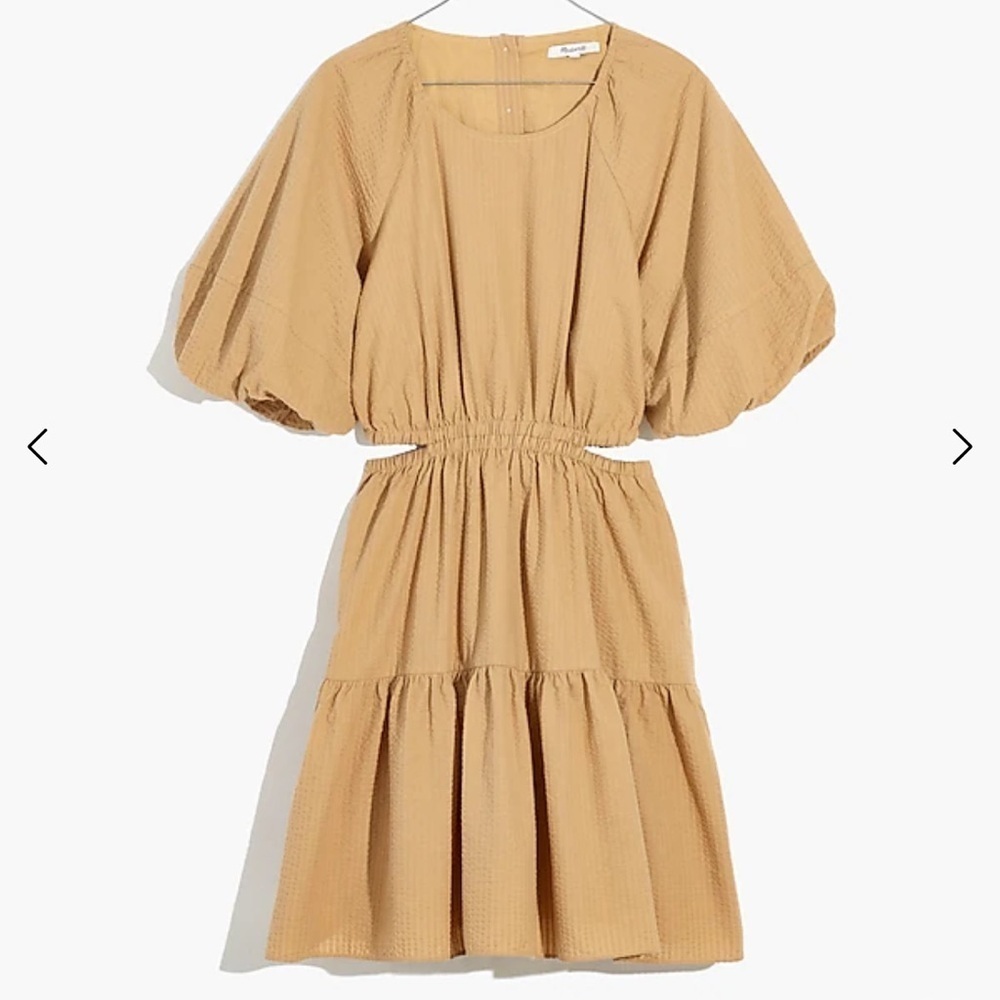 Madewell Seersucker Puff-Sleeve Cutout Mini Dress in Seed Khaki sz small